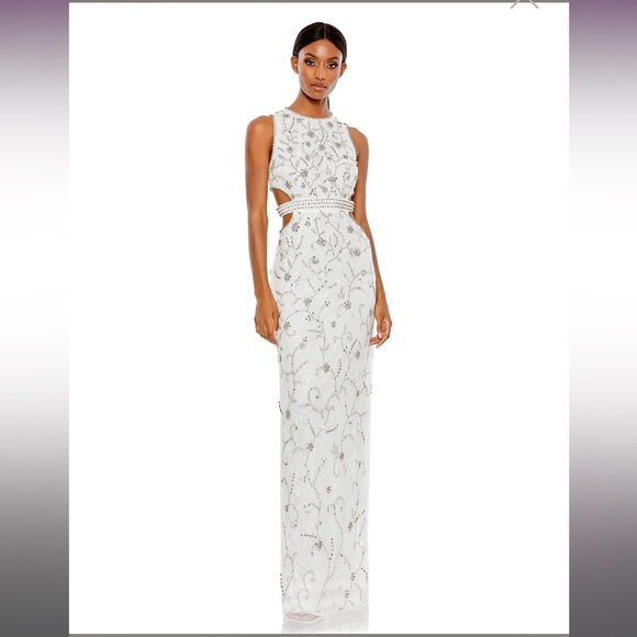 NWT $698 MAC DUGGAL 10873 WHITE EMBELLISHED JEWEL NECK CUTOUT WAIST COLUMN DRESS - Picture 1 of 5